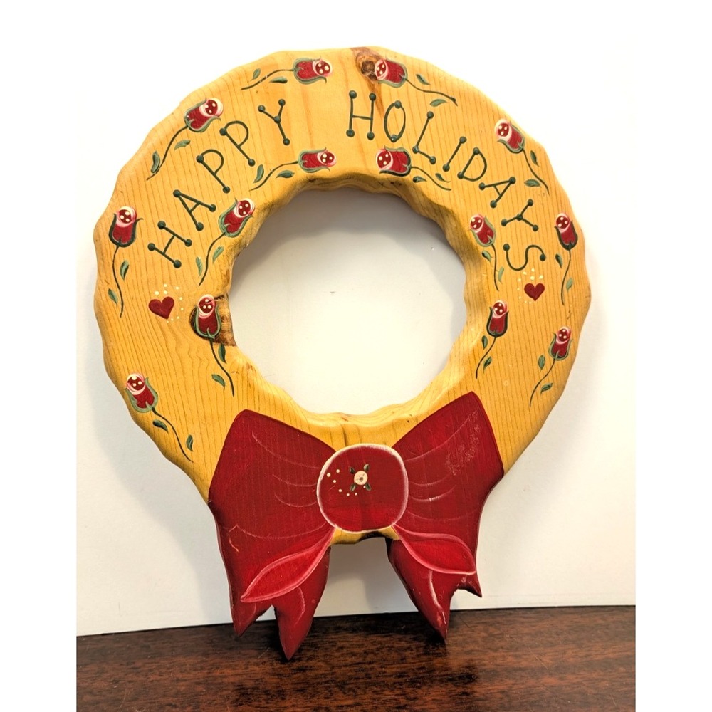 Vintage Hand Painted Wood Happy Holidays Christmas Wreath Red Bow Folk Art 12"